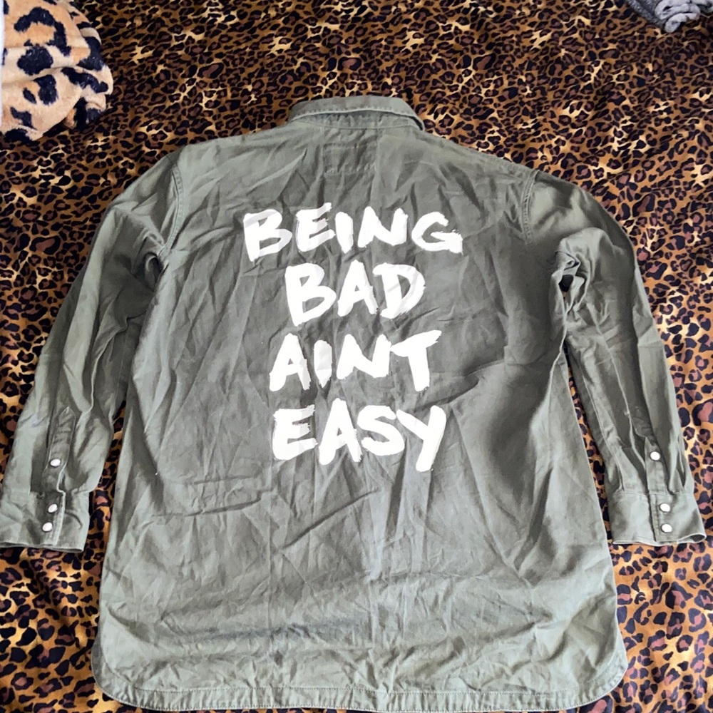 Forever 21 “ Being Bad Ain’t Easy” Olive Green Utility Button Down Shirt Jacket